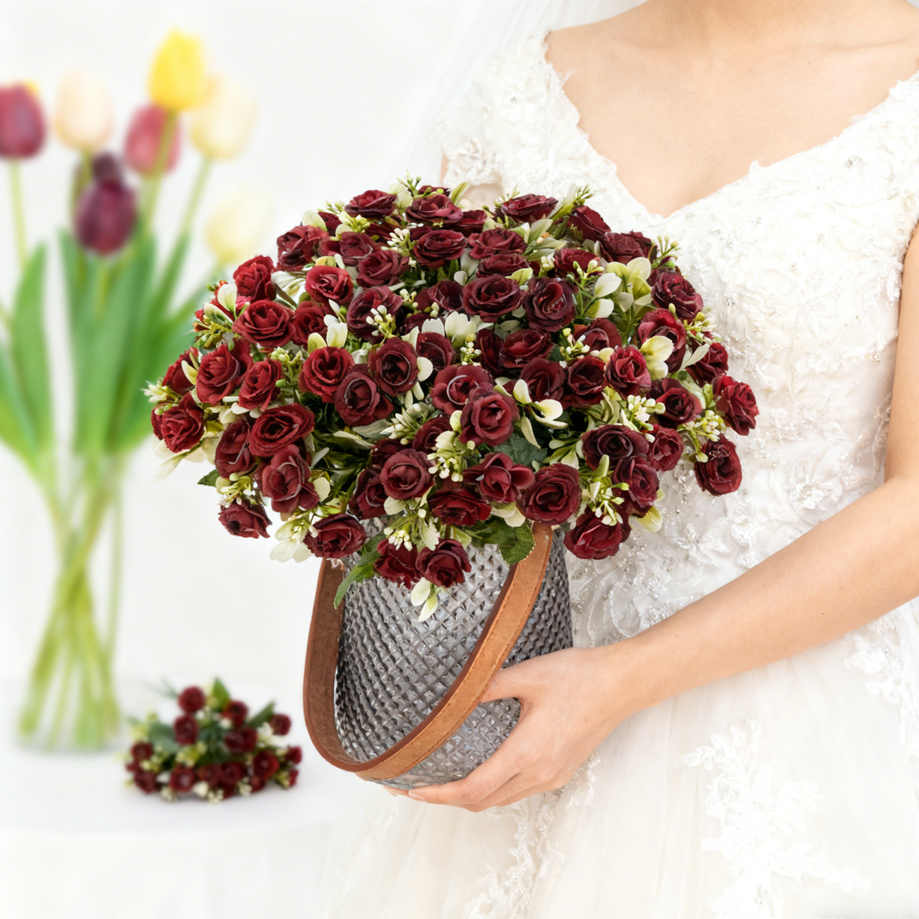 Bonsai Garden Gift - Artificial Flower Silk Rose Wedding Bride